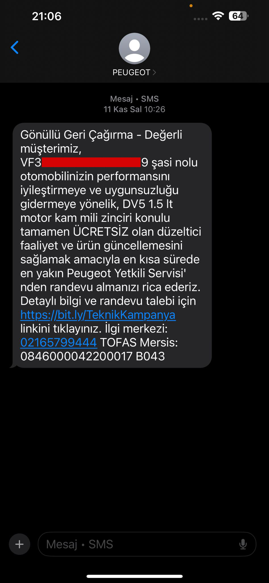 Peugeot'dan gelen gönüllü geri çağırma SMS'i